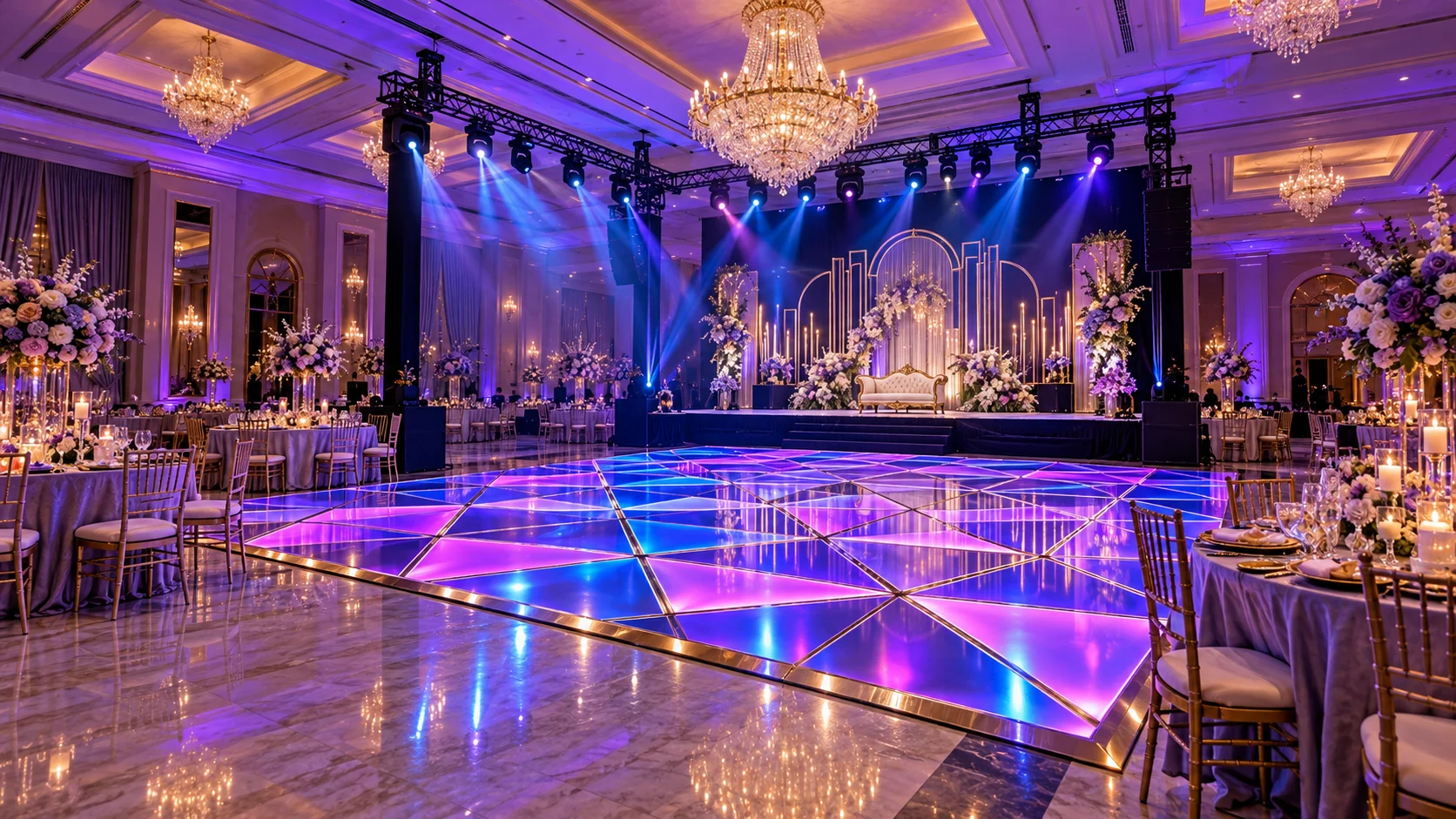 Concepto de pista LED con luces violetas para una fiesta de 15 años