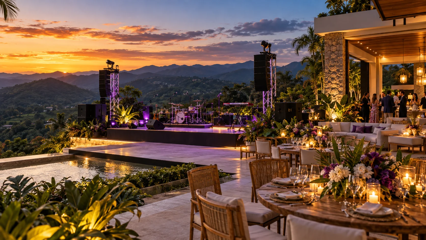 Concepto de fiesta al atardecer en una villa de montaña en Jarabacoa