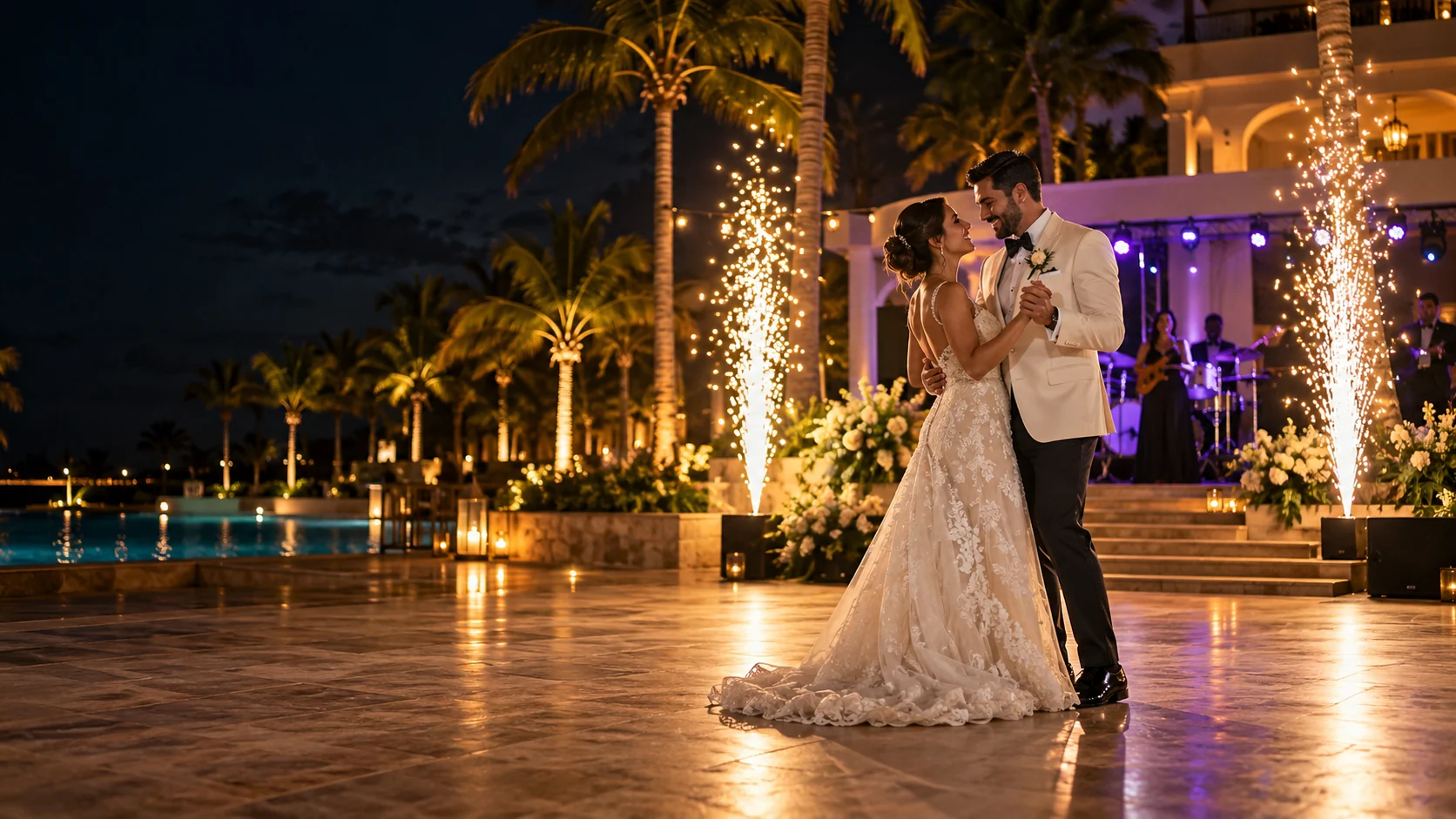 Referencia visual de una boda con iluminación cálida y chispas frías